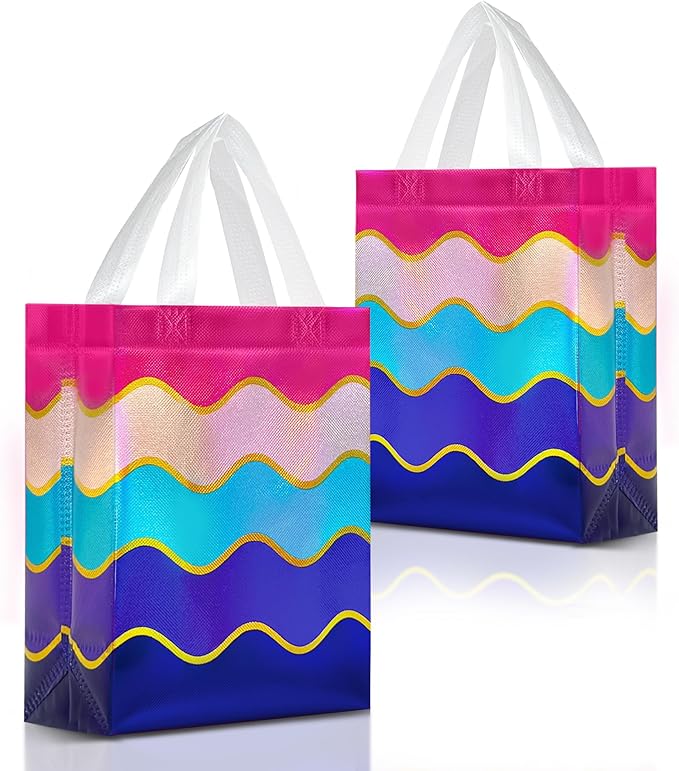 Nush Nush Gradient Gift Bags Medium Size – Set of 12 Reusable Gift Bags With Handles and Shiny Wave Pattern - Perfect As Goodie Bag for Birthday Party Favors, Kids, Holidays, Thanksgiving - 8x4x10