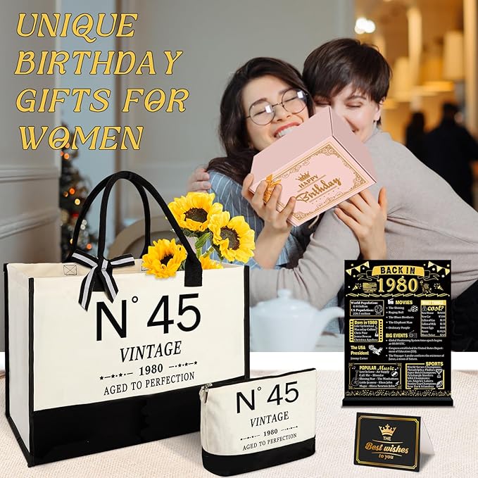 45th Birthday Gifts for Women Canvas Tote Bag Travel Gear,Unique 45 Years Old Gifts for Wife Mom Sister Aunt Friends Her, Vintage N°45 Handbag & Cosmetic Bag & Back in 1980 Poster
