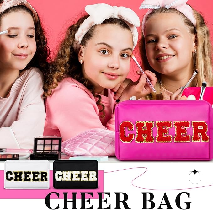6 Pcs Cheer Makeup Bag Cosmetic Bag with Chenille Letter Patches Waterproof Portable Cheerleader Toiletry Zipper Pouch for Girl Women Appreciation (Bright Colors)