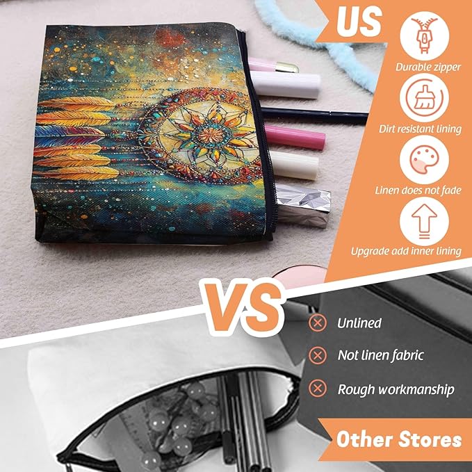 Cosmetic Bags Travel Makeup Toilet Case Waterproof Pouch for Women Girls 6.7X9.45inches - Ornate Dreamcatcher With Colorful Feathers And Beads