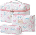 HBselect Quilted Makeup Bag, 3PCS Cotton Large Travel Makeup Bag, Cute Floral Coquette Make up Bag Cosmetic Bag Toiletry Bag for Women Girls