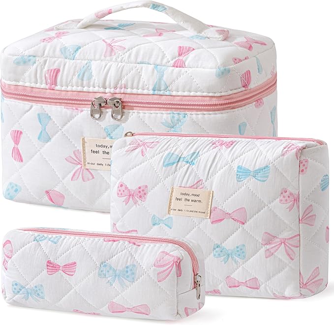 HBselect Quilted Makeup Bag, 3PCS Cotton Large Travel Makeup Bag, Cute Floral Coquette Make up Bag Cosmetic Bag Toiletry Bag for Women Girls