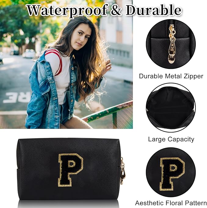 Personalized Initial Letter Patch Makeup Bag, Preppy Portable Chenille Letter Cosmetic Bag with Zipper, PU Leather Waterproof Travel Toiletry Bag Monogram Make Up Pouch for Women Girls(Letter P)