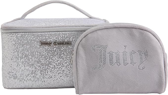 Juicy Couture Silver Makeup Bag Cosmetics Organizer Travel Essentials Train Case Coin Purse Glitter Rhinestone Velour