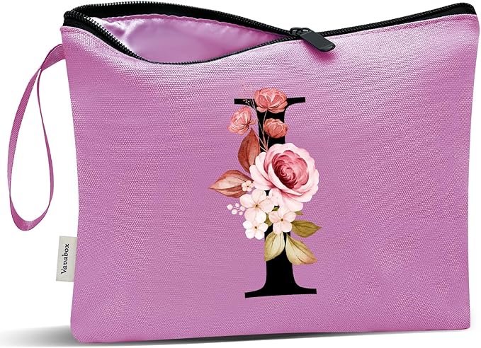 Vavabox A-Z Personalized Makeup Bag, Birthday Gifts for Women Mom, Gifts for Best Friend, Bride Bridesmaid Cosmetic bag (I, Purple)