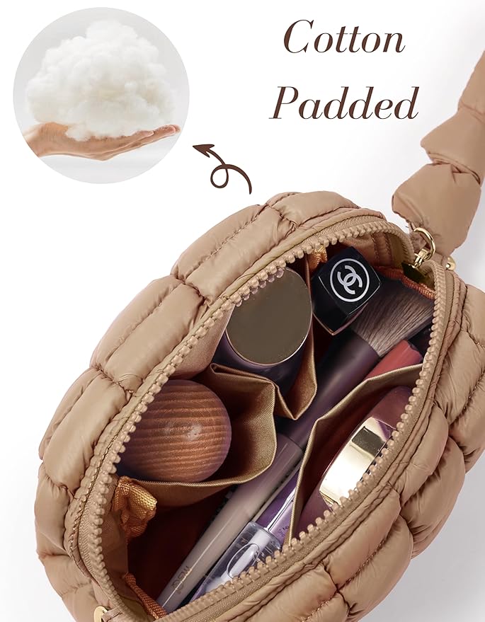 Yarnic Quilted Makeup Bag Puffy Cosmetic Bag, Travel Toiletry Bag for Women, Cute Makeup Bag Organizer Puffer Makeup Pouch (S, Caramel)