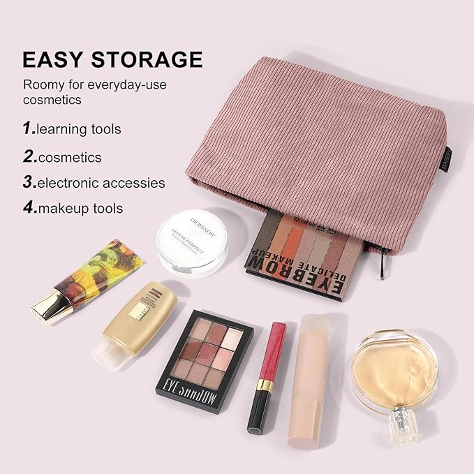 MAGEFY 2 Pcs Makeup Bags for Women, Corduroy Make up Bag for Purse Travel Makeup Bag Small Cosmetic Bags with Zipper Makeup Pouch for Travelling - Dusty Pink