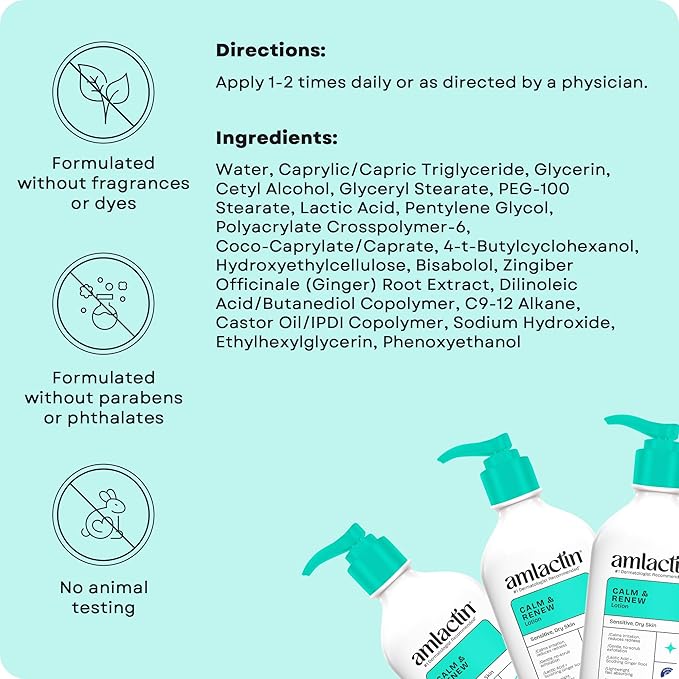 AmLactin Calm & Renew Lotion - Therapeutic Body and Face Moisturizer for Sensitive Skin - No-Scrub Exfoliator and Body Lotion for Dry Skin with Lactic Acid AHA and Soothing Ginger Root, 14.1 oz
