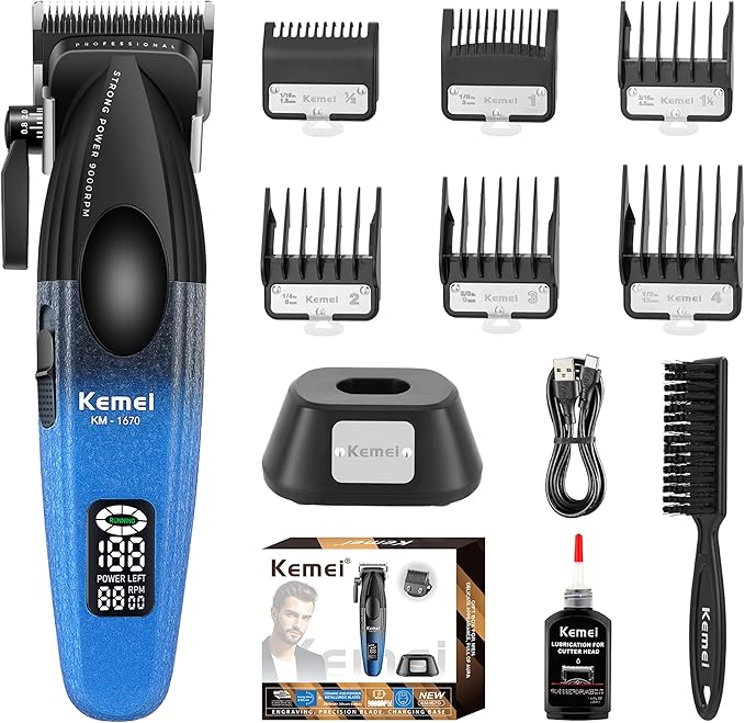 KEMEI 1670 Professional Hair Clippers for Men, Cordless Barber Clipper with LED Display, 9000 RPM Clippers for Hair Cutting with Charging Base