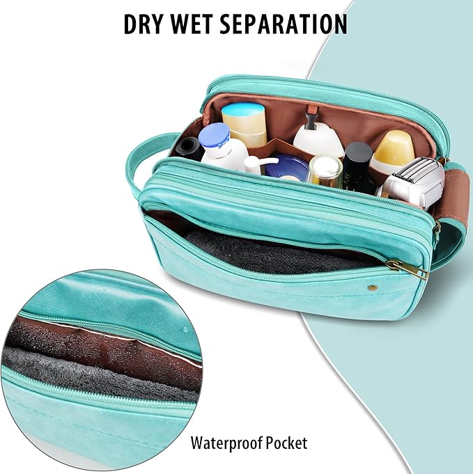 Travel Toiletry Bag for Men, Large Hanging Toiletries Organizer Bags for Women, Cruise Ship Essentials, Water-resistant Shaving Case, PU Leather Makeup Accessories, Cosmetic Dopp Kit, Lake Blue