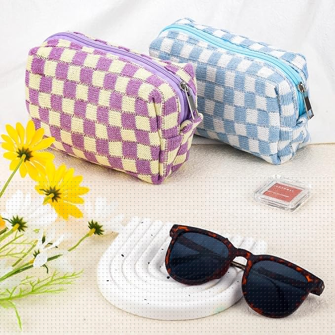 ZLFSRQ 2Pcs Checkered Pencil Case Cute Pencil Pouch for Teens Checkered Makeup Bag Medium Travel Cosmetic Bag Preppy Makeup Pouch for Purse Aesthetic Zipper Toiletry Bags Organizer(Blue/Purple)