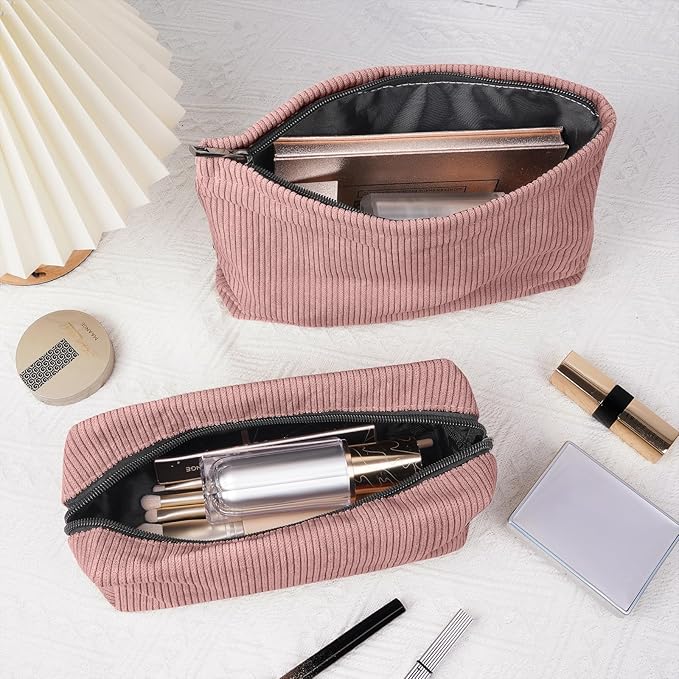 MAGEFY 2 Pcs Makeup Bags for Women, Corduroy Make up Bag for Purse Travel Makeup Bag Small Cosmetic Bags with Zipper Makeup Pouch for Travelling - Dusty Pink