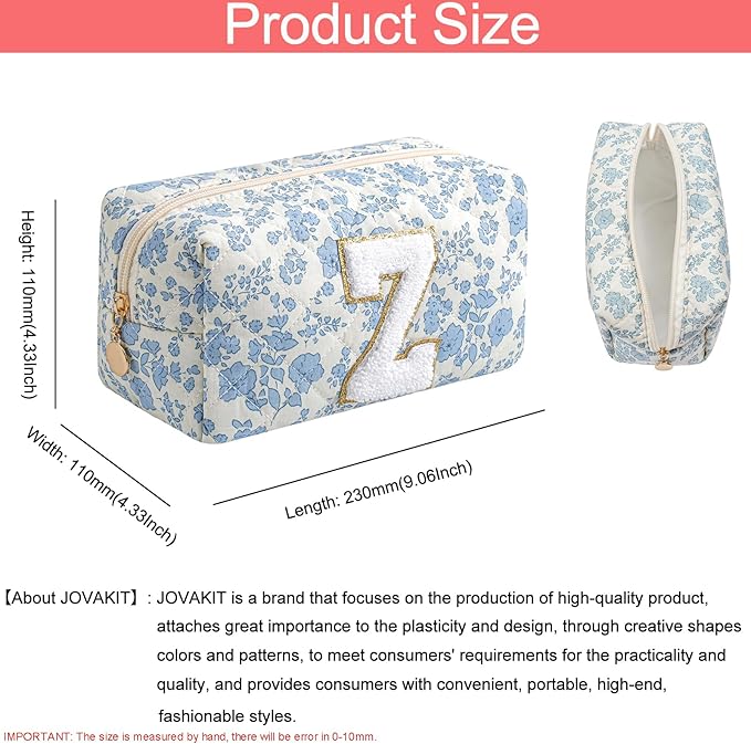 JOVAKIT Alphabet Makeup Bag Cosmetic Bag for Women, Christmas Gifts for Girls Age 6-18, Floral Flowers Coquette Travel Toiletry Zipper Make Up Pouch Organizer Trendy Stuff (Blue Floral Z)