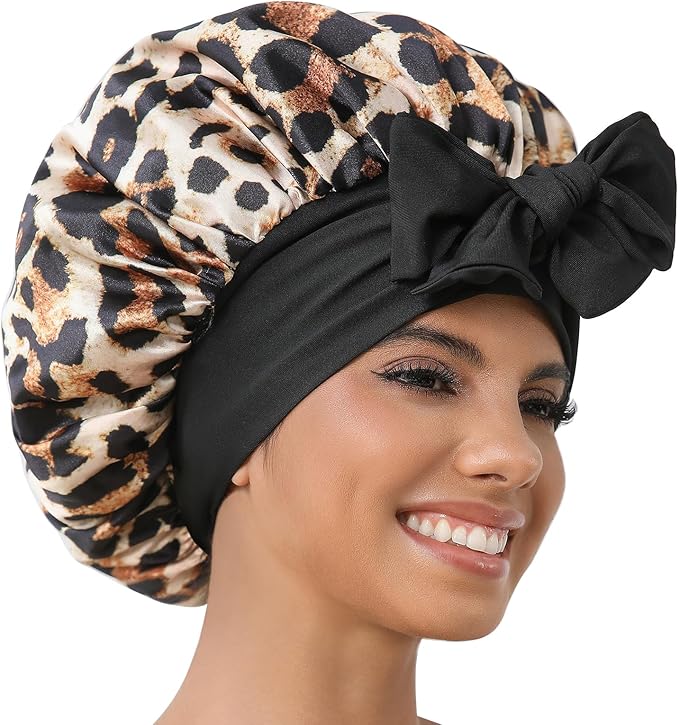 GDTOGRT Satin Silk Bonnet for Sleeping Women - Double Layer Sleep Hair Bonnets Caps for Curly Braid Hair with Tie Band