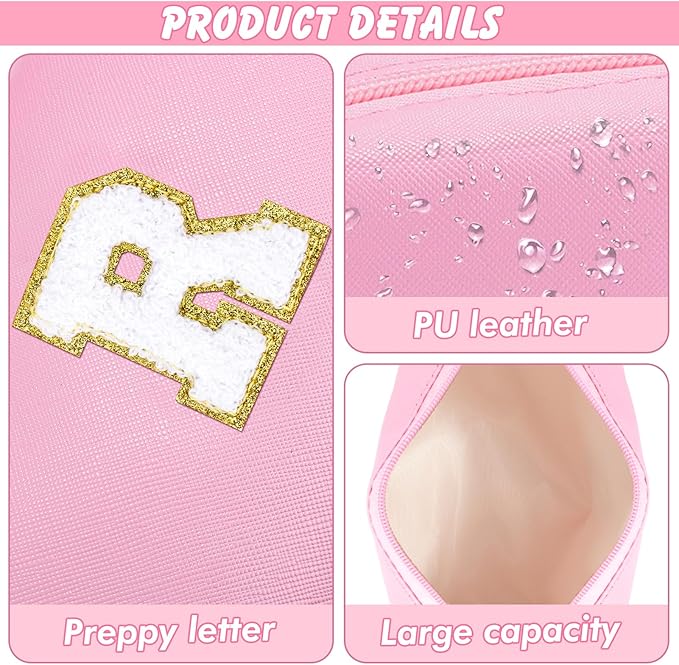 Initial Makeup Bag for Women Travel Small Cosmetic Bag Personalized Preppy Chenille Letter Waterproof Pink Makeup Pouch for Purse Monogram Toiletry Bag with Zipper PU Leather Makeup Case（R）