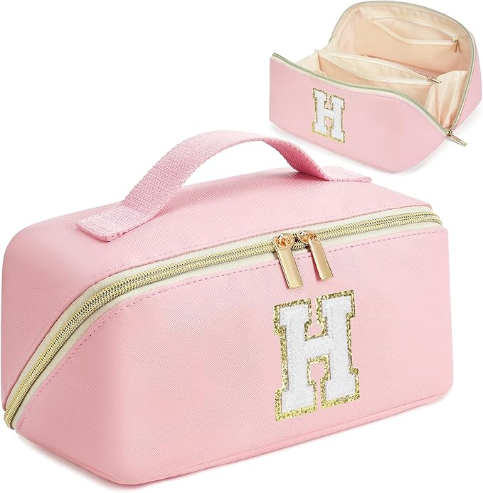 for Christmas Day Gifts, Makeup Bag for Women, PU Leather Travel Toiletry Bags, Initial Make Up Cosmetic Pouch for Teen Girls, Wide Open Portable Skincare Bag, Personalized Birthday Gifts, Pink H