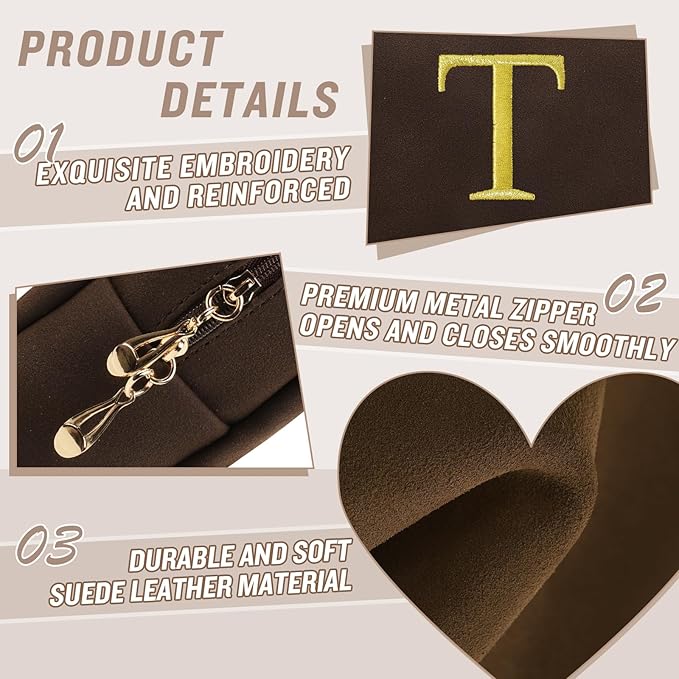 Personalized Initial Makeup Bag,Preppy Suede Cosmetic Bag for Teen Girls,Small Monogram Travel Toiletry Bag With Gold Embroidered Letter,Trendy Stuff Custom Christmas Gift for Women(Coffee-T)