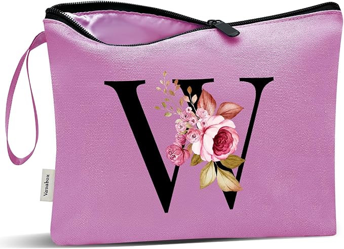 Vavabox A-Z Personalized Makeup Bag, Birthday Gifts for Women Mom, Gifts for Best Friend, Bride Bridesmaid Cosmetic bag (W, Purple)