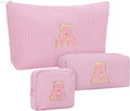 MONSTINA Initial Makeup Bag Set for Women,Monogram Cosmetic Bag,Personalized Make Up Case for Girlfriend Graduation Teacher Gifts,Cute Toiletry Bag Preppy Chenille Letter Patch,Pink A