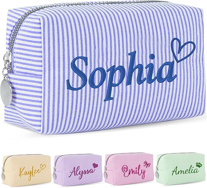 Yofair Personalized Makeup Bag with Bith Flower, Large Capacity Travel Toiletry Case Teen Girl Gift Trendy Stufff Custom Seersucker Cosmetic Bags Birthday Gifts for Girls Women