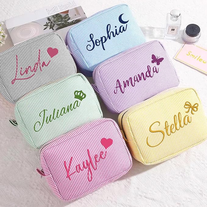 Yofair Personalized Makeup Bag with Bith Flower, Large Capacity Travel Toiletry Case Teen Girl Gift Trendy Stufff Custom Seersucker Cosmetic Bags Birthday Gifts for Girls Women