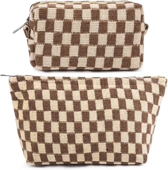 Travel Makeup Bag, Checkered Cosmetic Bag Make Up Organizer Case for Women, Small Toiletry Bag Skincare Pouch for Toiletries Accessories Brushes, 2PCS