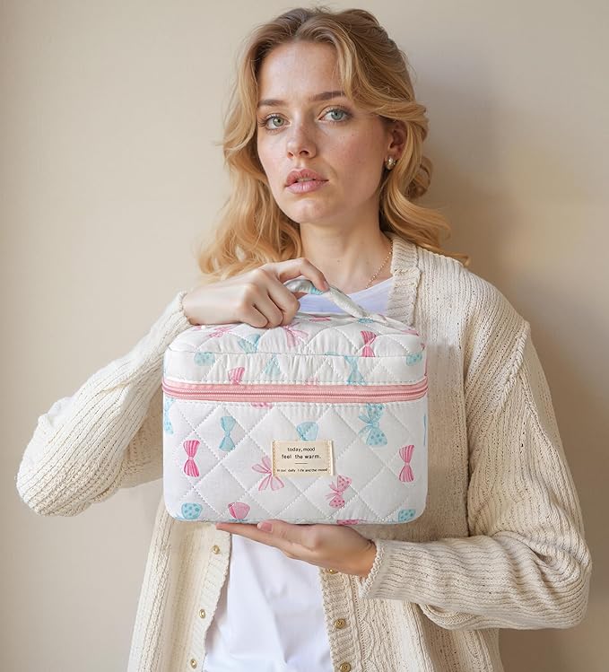 HBselect Quilted Makeup Bag, 3PCS Cotton Large Travel Makeup Bag, Cute Floral Coquette Make up Bag Cosmetic Bag Toiletry Bag for Women Girls