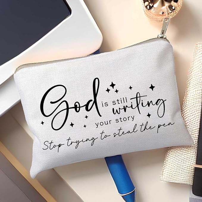 God is Still Writing Your Story Travel Bag Funny Christian Women of the Bible Makeup Bag Bible Quote Christian Quotes Scripture Makeup Pouch Linen Cotton Bag