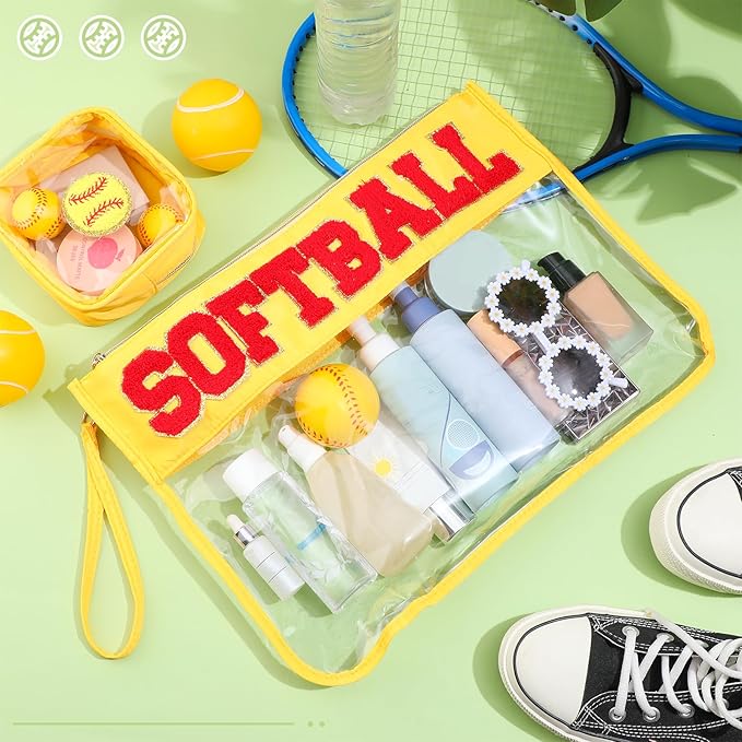 Hillban 2 Pcs Softball Gifts for Girls Snack Goodie Bags Stuff Softball Accessories for Women Makeup Cosmetic Bags Toiletry Zipper Clear Pouch Chenille Letter Travel Purse Sport Party Storage Case