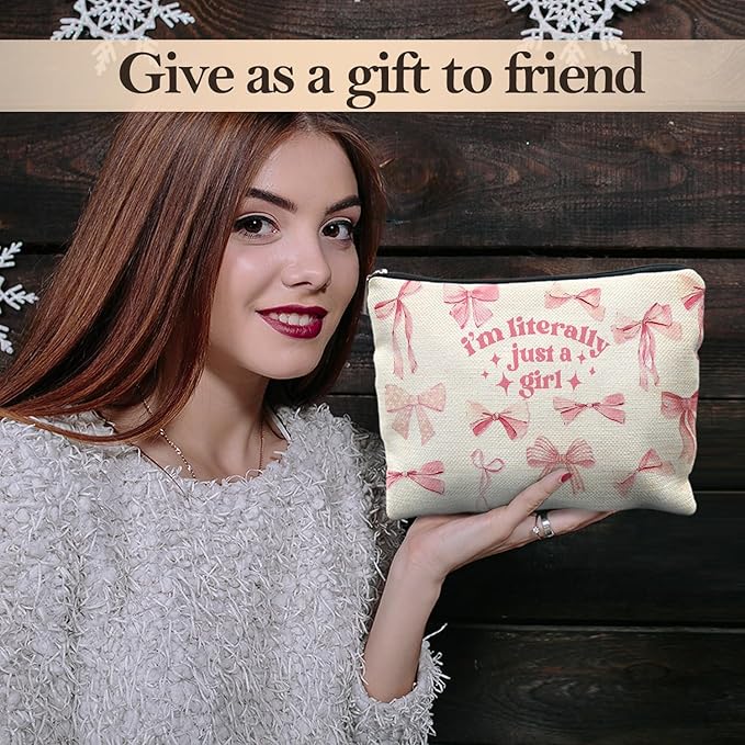 Coquette Pink Bow Makeup Bag, Preppy Bow Cosmetic Bags for Women, Girly Pink Makeup Pouch, Coquette Stuff, Trendy Preppy Bowknot Zipper Pouch