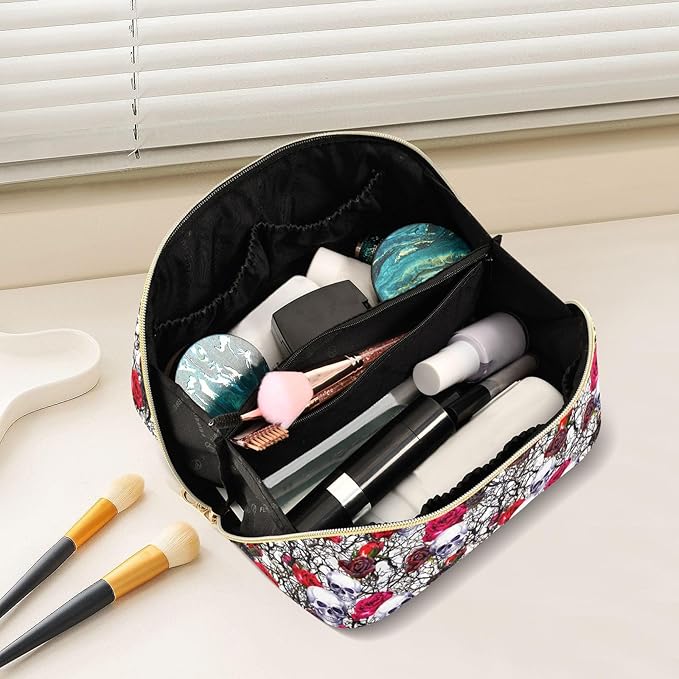 Makeup Organizer Bag, Skulls Rose Flowers Travel Makeup Bags Makeup Vanity Case Large Capacity Rhombus Cosmetic Toiletry Bag for Girl Women Ladies