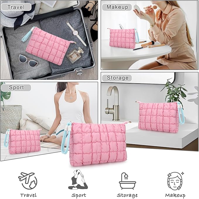 DOB SECHS Puffer Quilted Makeup Bag with Handle, Cute Puffy Cotton Cosmetic Bags for Women, Checkered Quilt Toiletry Zipper Pouch, Travel Essentials Storage Organizer Large Clutch Pouches Case, Pink