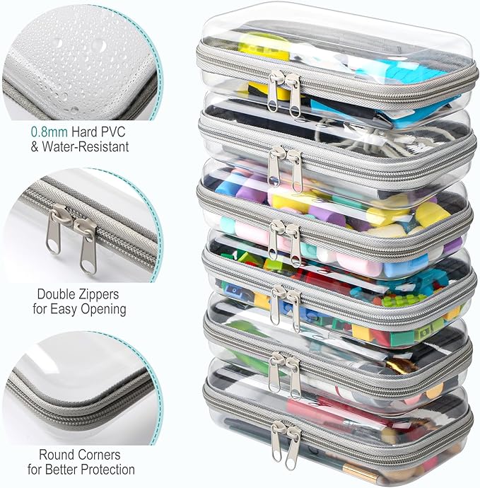 Sanwuta 6 Pcs Clear Hard Zipper Case Hard Plastic Zipper Pouches Makeup Bag Pencil Pouches Transparent Cases for Snacks Plastic Storage Organizer Box for Travel(Gray,7.48 x 3.94 x 2 Inch)