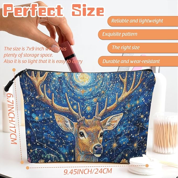 Cosmetic Bags Travel Makeup Toilet Case Waterproof Pouch for Women Girls 6.7X9.45inches - Deer With Large Antlers in A Starry - Floral Scene