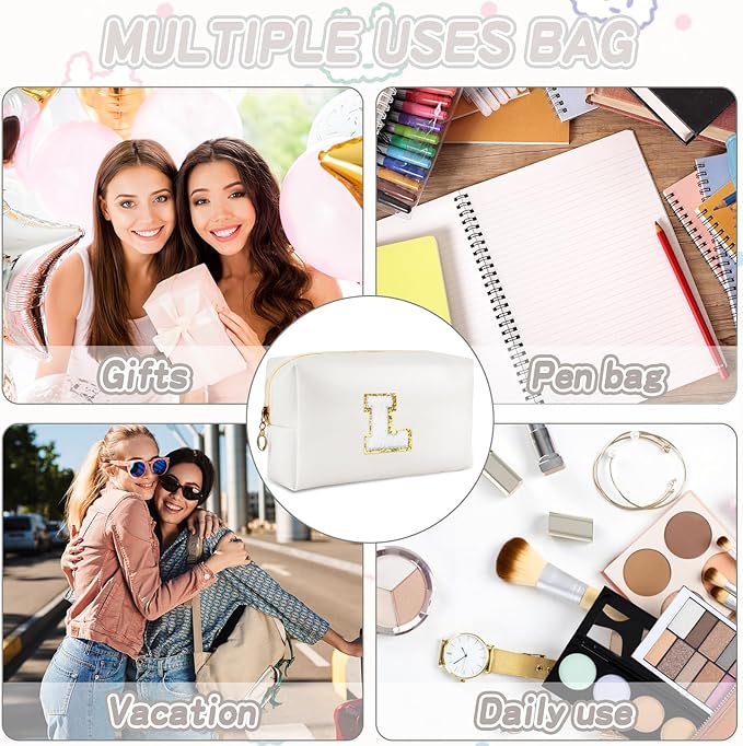 Gifts for Girls Initial Makeup Bag Personalized Cosmetic Bag with Zipper Cute Travel Toiletry Bags Waterproof PU Preppy Makeup Pouch Birthday Gift for Teen Girls Women(White L)