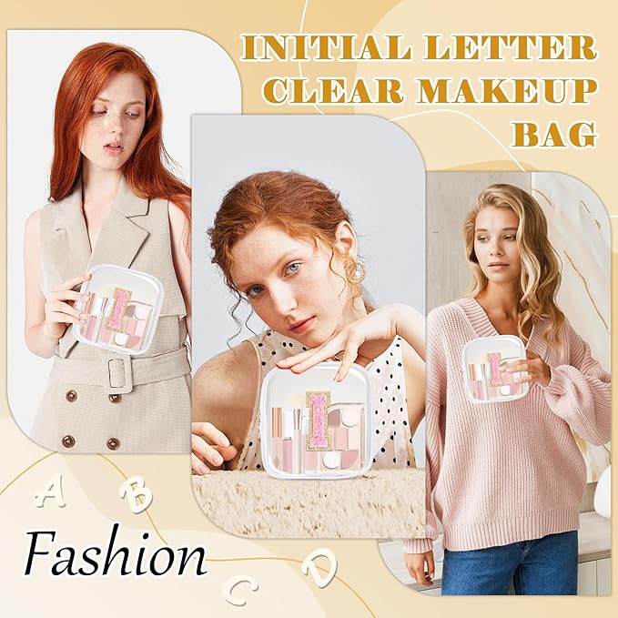 Personalized Initial Letter Clear Preppy Makeup Bag,Mini Nylon Chenille Letter Cosmetic Bag Cute Zipper Pouch Purse for Teen Girls,Portable TSA Approved Beach Travel Essentials Bag Gift for Women,I