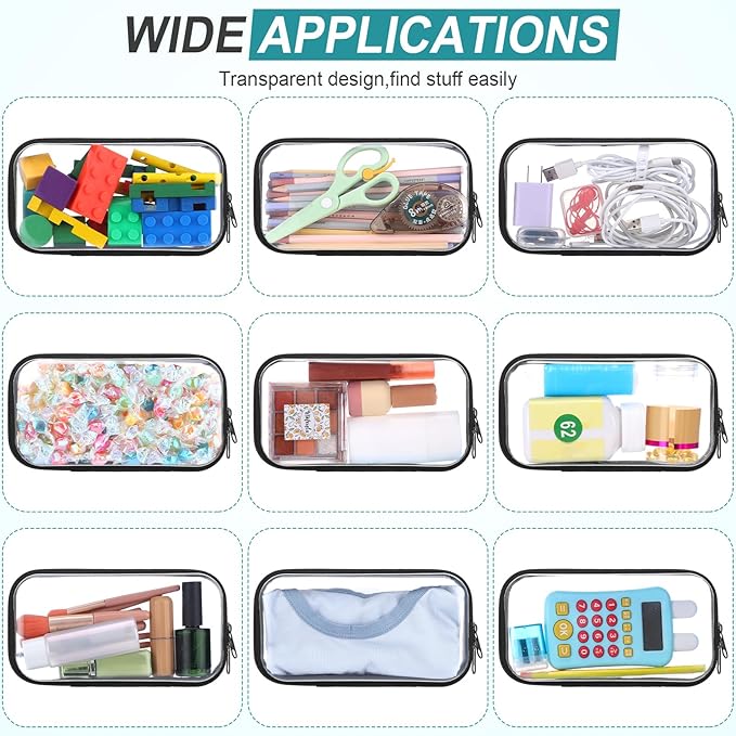 Sanwuta 6 Pcs Clear Hard Zipper Case Hard Plastic Zipper Pouches Makeup Bag Pencil Pouches Transparent Cases for Snacks Plastic Storage Organizer Box for Travel(Black,7.48 x 3.94 x 2 Inch)