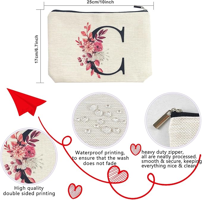Initial A-Z Personalized Floral Makeup Bag, Monogrammed Birthday Gifts for Women Mom, Mothers Day Christmas Gift Ideas for Best Friend, Bride Bridesmaid, Her, Grandma, Small Travel Cosmetic Bag (C)