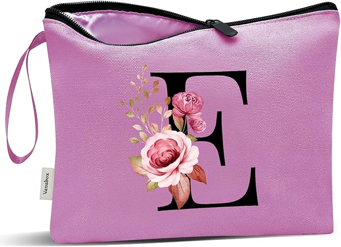 Vavabox A-Z Personalized Makeup Bag, Birthday Gifts for Women Mom, Gifts for Best Friend, Bride Bridesmaid Cosmetic bag (E, Purple)