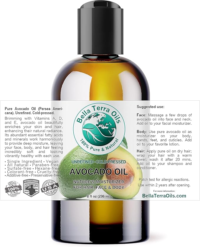 Bella Terra Oils - Avocado Oil 8 oz - Cold-Pressed Excellence, Brimming with Oleic Acid & B-Vitamins, Ideal Complement for Skin Care Regimens