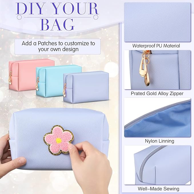 Sanwuta 9 Pcs Makeup Bags Bulk PU Double Zippers Cosmetic Bag Makeup Toiletry Christmas Small Pouch Portable Travel Organizers Case for Women Bridesmaid Party End of The Year(Pink, Blue, Purple)