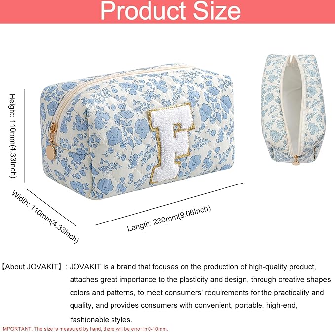 JOVAKIT Alphabet Makeup Bag Cosmetic Bag for Women, Christmas Gifts for Girls Age 6-18, Floral Flowers Coquette Travel Toiletry Zipper Make Up Pouch Organizer Trendy Stuff (Blue Floral F)