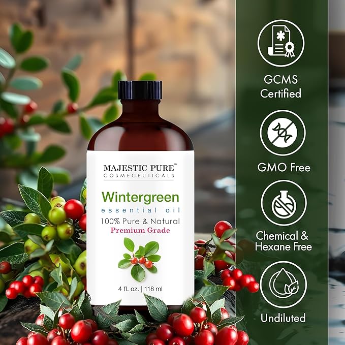 Majestic Pure Wintergreen Essential Oil with Glass Dropper - 4 Fl Oz - 100% Pure and Natural Wintergreen Oil - Premium Grade Essential Oils for Diffuser, Aromatherapy, Soap and Candle Making
