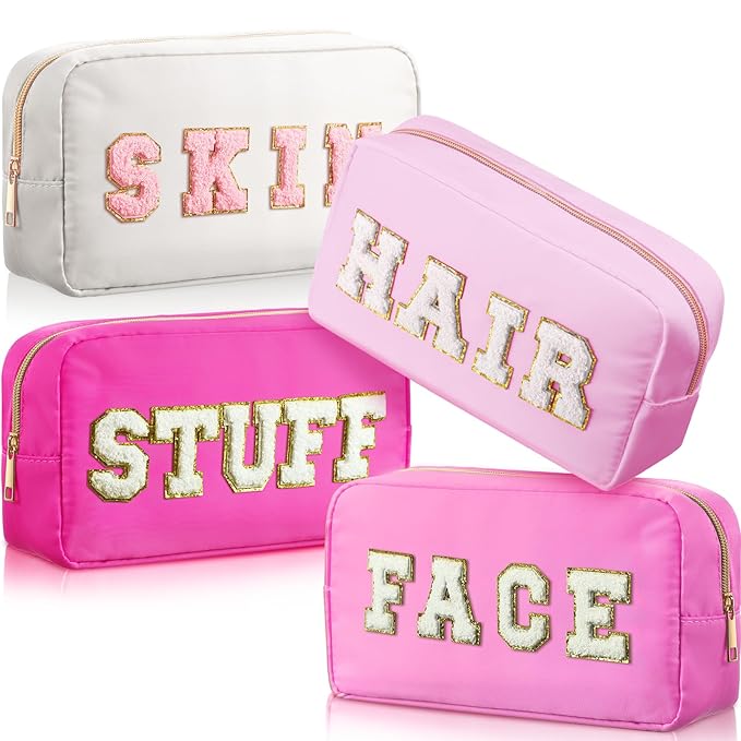 Remerry 4 PCS Nylon Cosmetic Bags Waterproof Spacious Travel Makeup Organizer for Women Chenille Letter Preppy Zipper Pouch Face Stuff Skin Hair Organizer Gift(Rose Red, Pink, Light Pink, White)