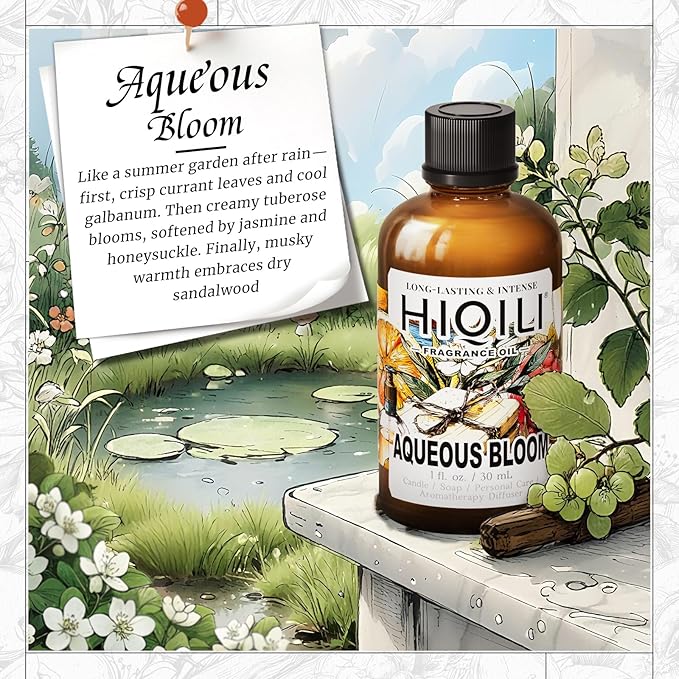 HIQILI Aqueous Bloom Fragrance Oil for Diffusers, Candles & Soap Making – Floral and Green Notes with Sandalwood, Long-Lasting Scent - 1 Fl Oz