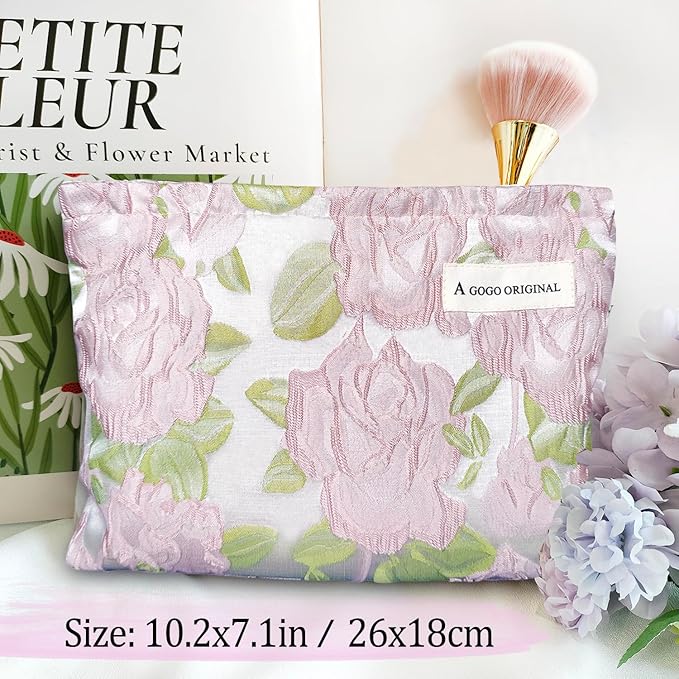 STARDW Aesthetic Floral Makeup Bag Cute Small Cosmetic Bags for Women Girls, Travel Toiletry Bag Large Capacity Zipper Makeup Pouch, Purse Organizer Pouches (Embossed Rose)