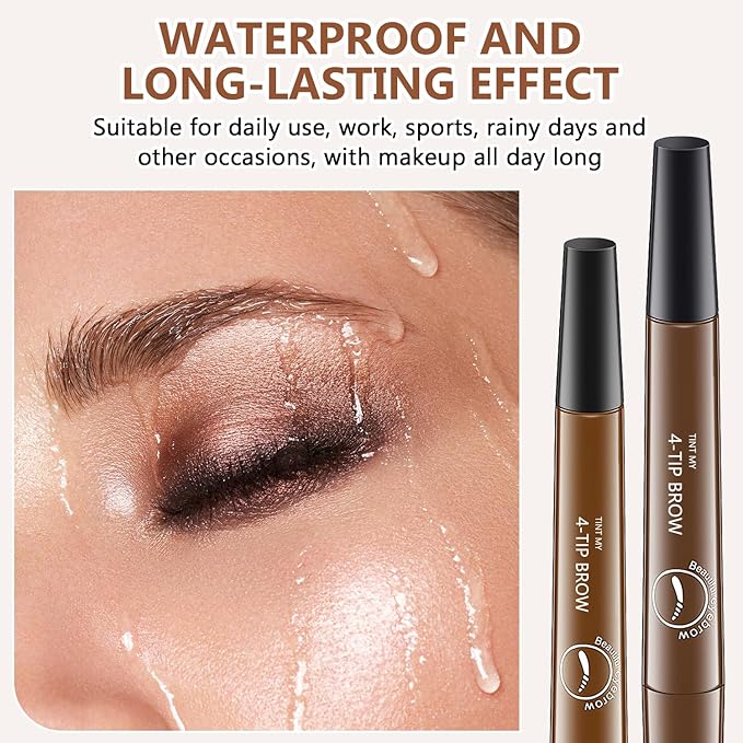 2Pcs Magic Microblading Eyebrow Pencil, 4-Tip Brow Pencil with Micro-Fork Tip, 3D Waterproof Microblading Eyebrow Pen, Eyebrow Tattoo Pen for Natural Makeup (Dark Brown)