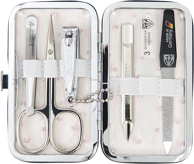 3 Swords Germany - Brand Quality 6 Piece Manicure Pedicure Grooming kit Set - Scissors, Metal and Glass Nail File, Clipper, Tweezers with Synthetic Leather case - Ostrich