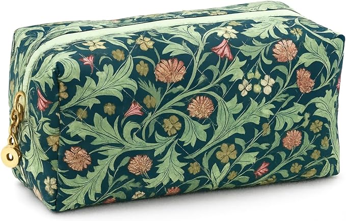 Floral Cotton Makeup Brush Cosmetic Bag for Women & Men, Travel Quilted Zipper Pouch, Large Capacity Flowers Toiletry Organizer, Kawaii Makeup Storage Case, Cosmetic Travel Cloth Bag-Garden Green