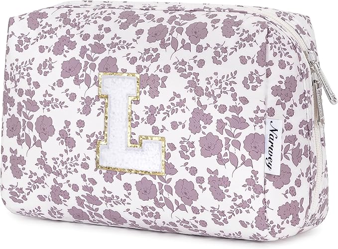 Narwey Birthday Gifts for Teen Girls Kids Women Personalized Initial Floral Makeup Bag Cute Cosmetic Trendy Stuff 6 8 10 11 12 13 14 16 18 Years Old Travel Toiletry Bag (Little Dusty Pink Flower L)